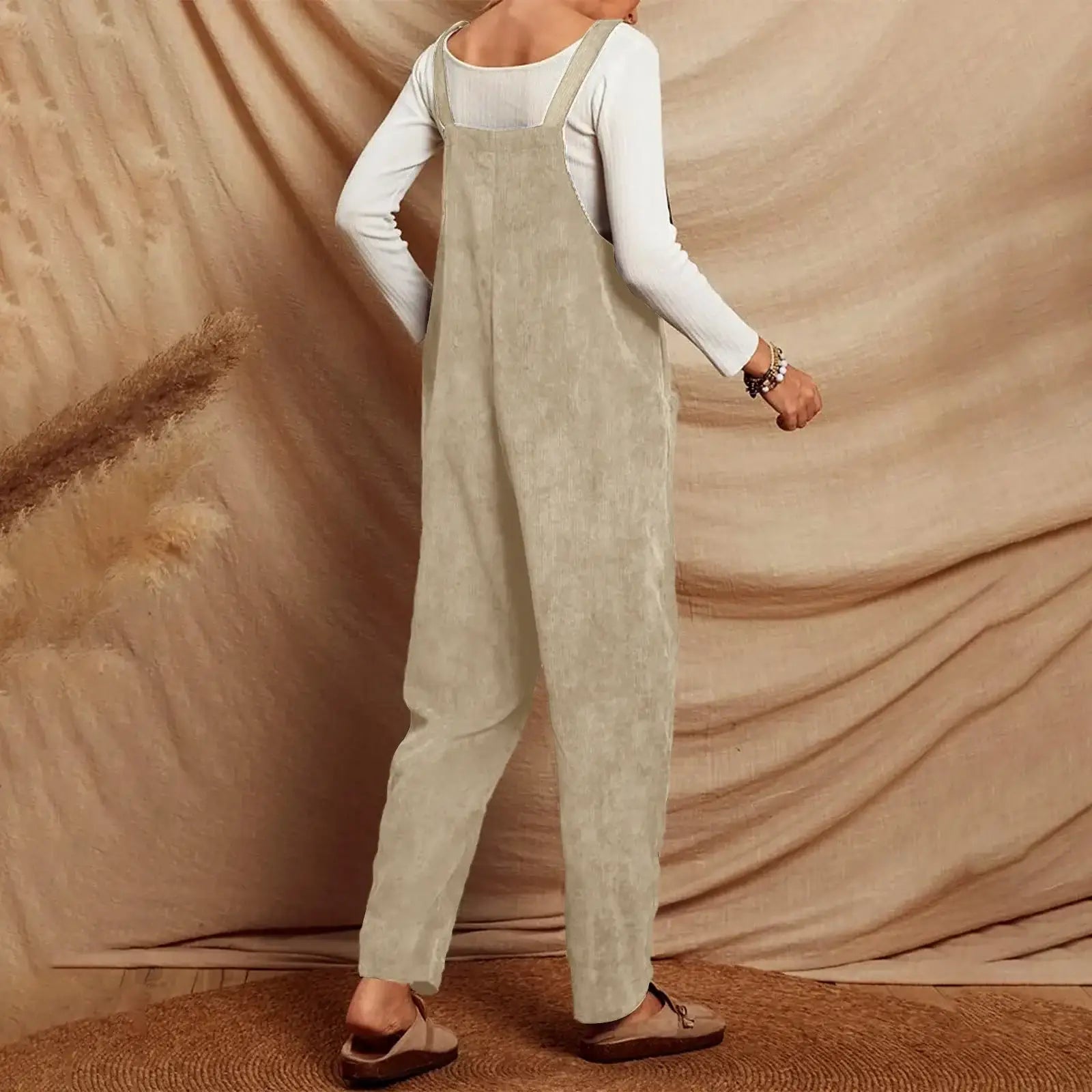 Salopette Beige Velours À Bretelles Nouées Femme
