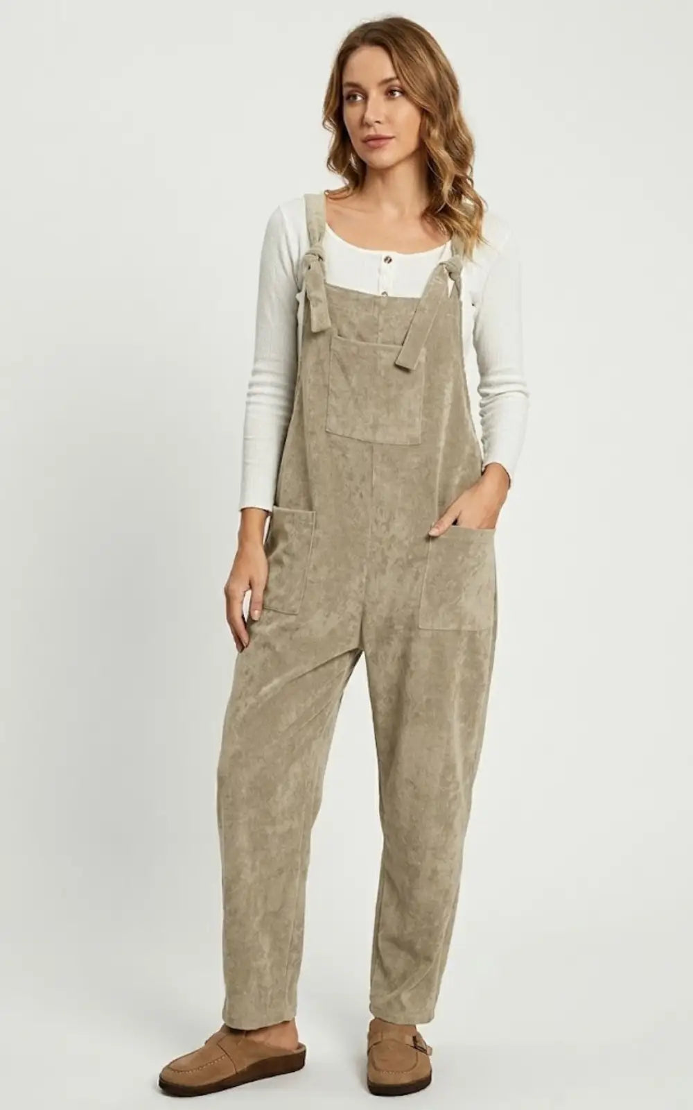 Salopette Beige Velours À Bretelles Nouées Femme