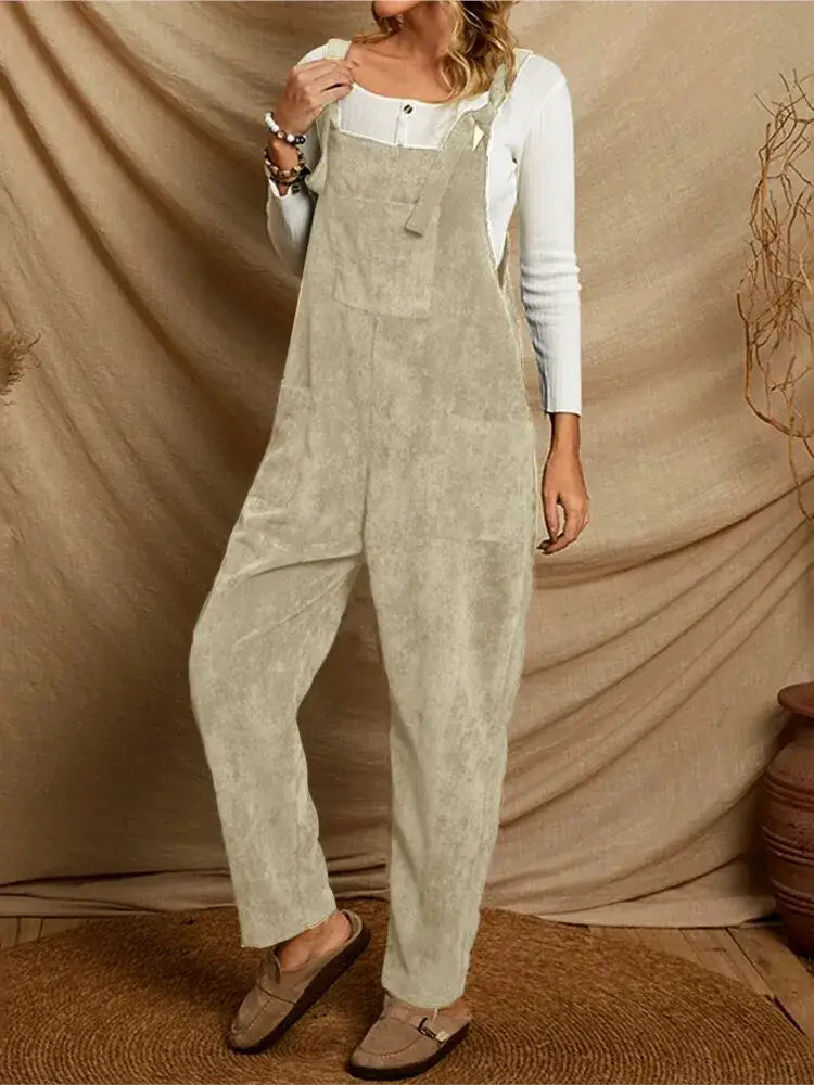 Salopette Beige Velours À Bretelles Nouées Femme