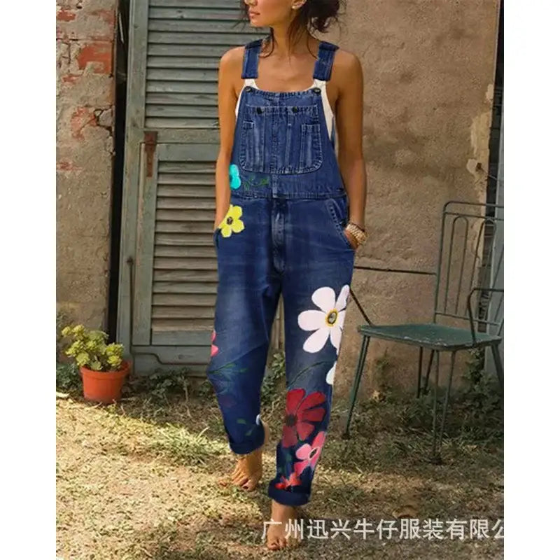 Salopette Bleu en Jean Femme Motif Fleurs
