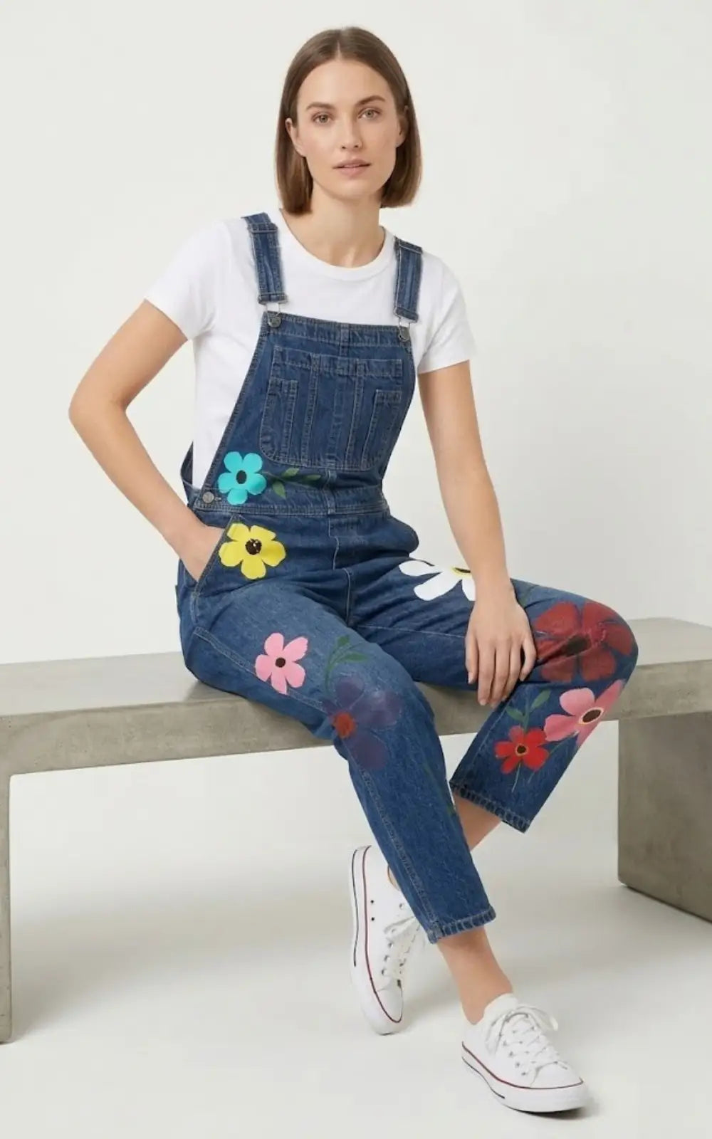 Salopette Bleu en Jean Femme Motif Fleurs
