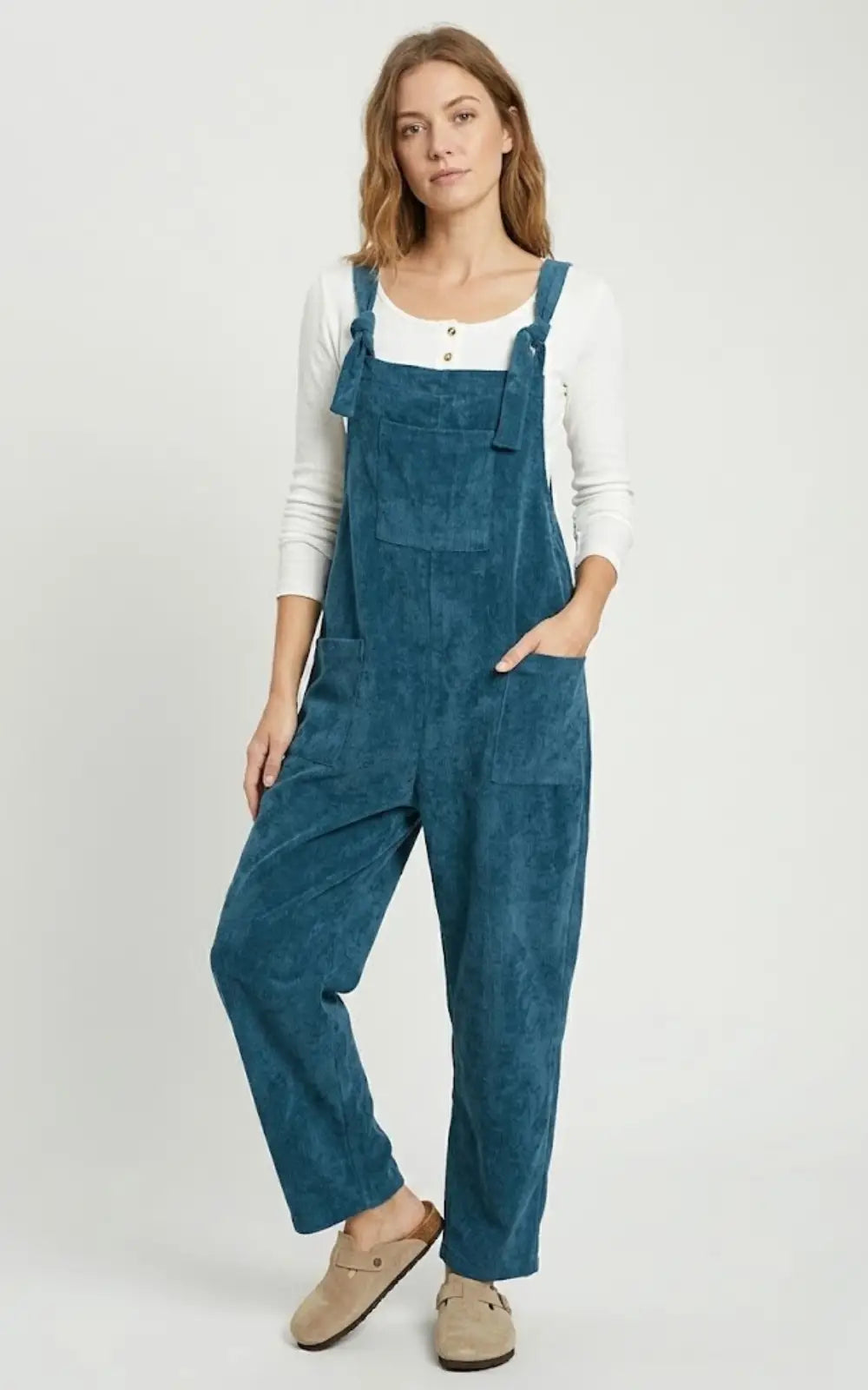 Salopette Bleu Velours À Bretelles Nouées Femme