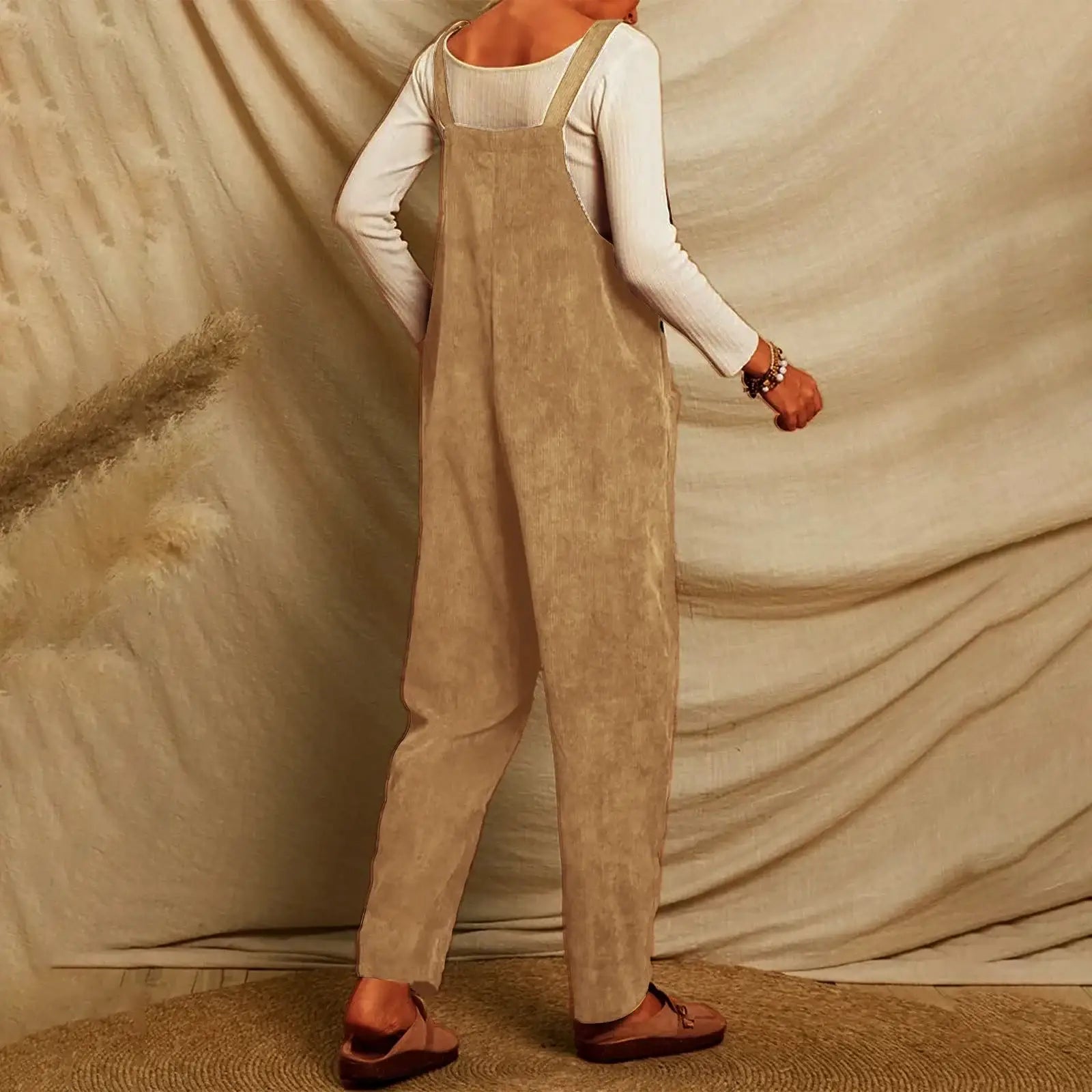Salopette Camel Velours À Bretelles Nouées Femme