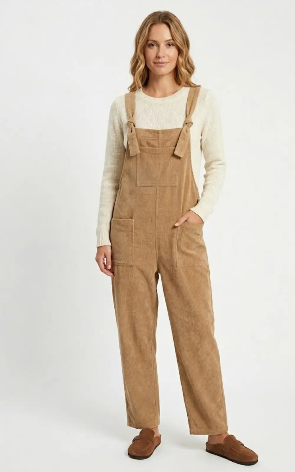 Salopette Camel Velours À Bretelles Nouées Femme