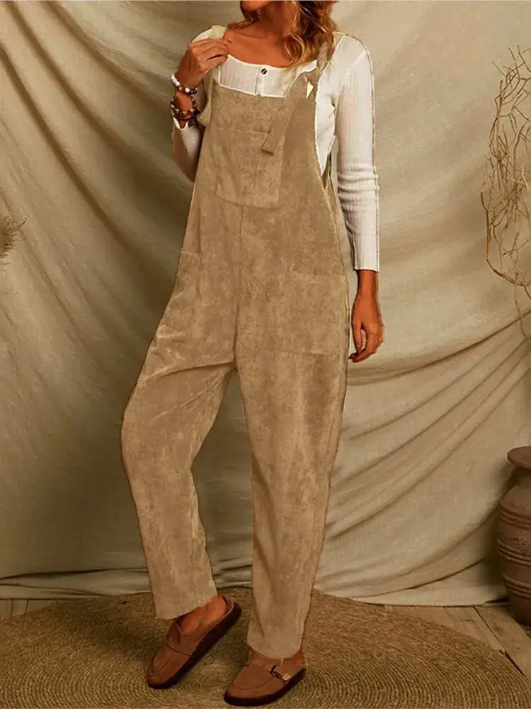 Salopette Camel Velours À Bretelles Nouées Femme