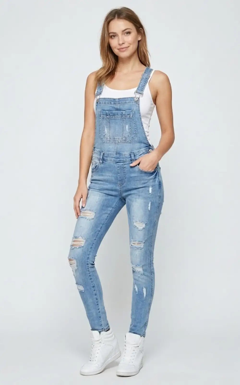 Salopette en Jean Skinny Dechiré Femme Bleu Clair