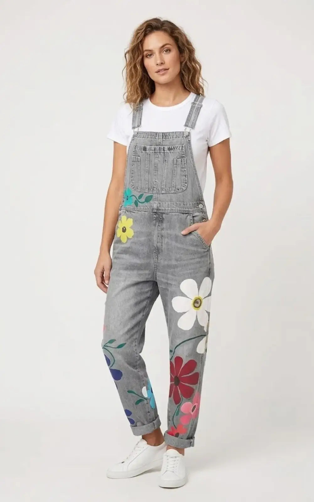 Salopette Grise en Jean Femme Motif Fleurs