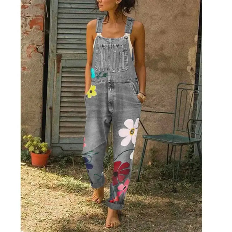 Salopette Grise en Jean Femme Motif Fleurs