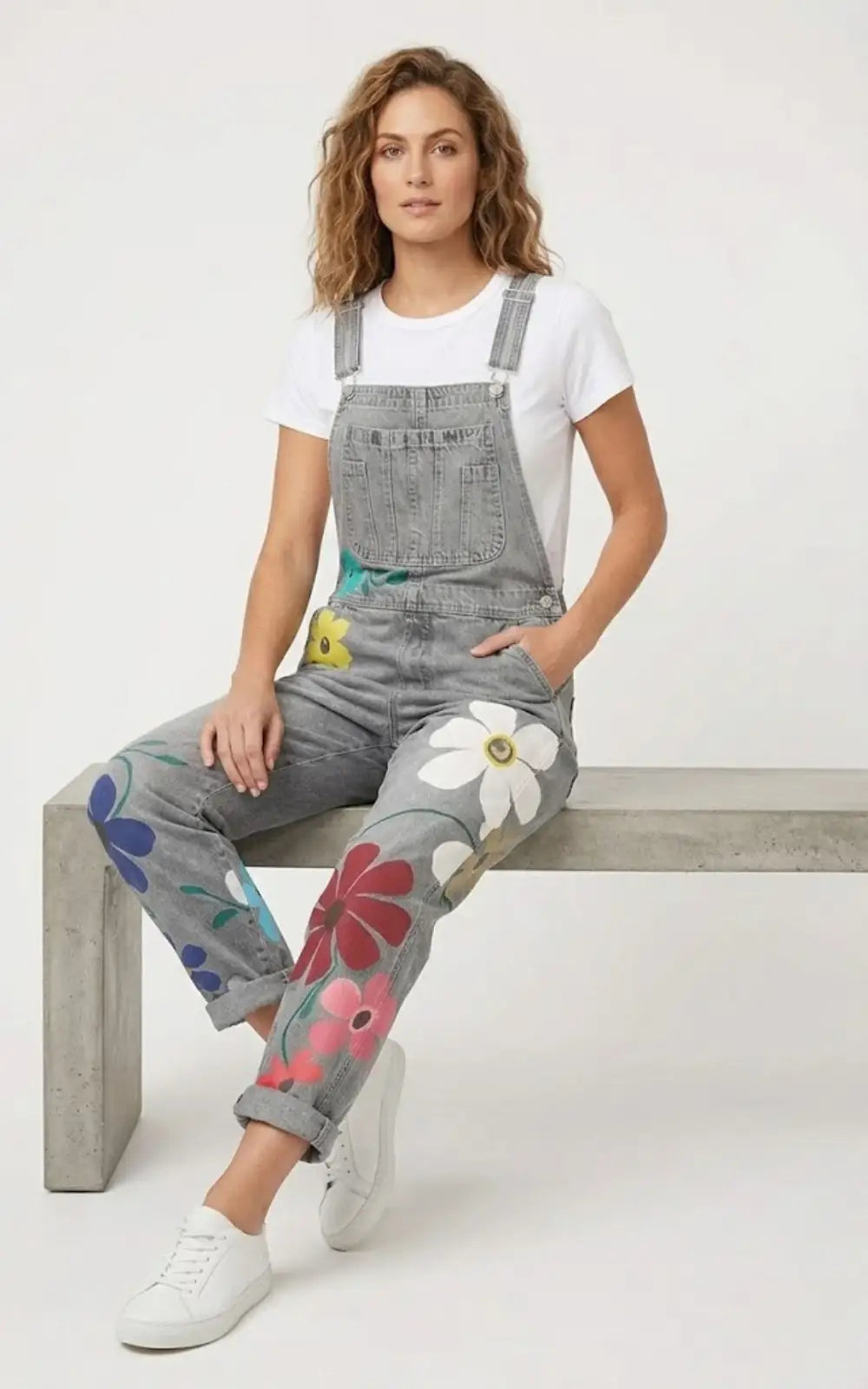 Salopette Grise en Jean Femme Motif Fleurs