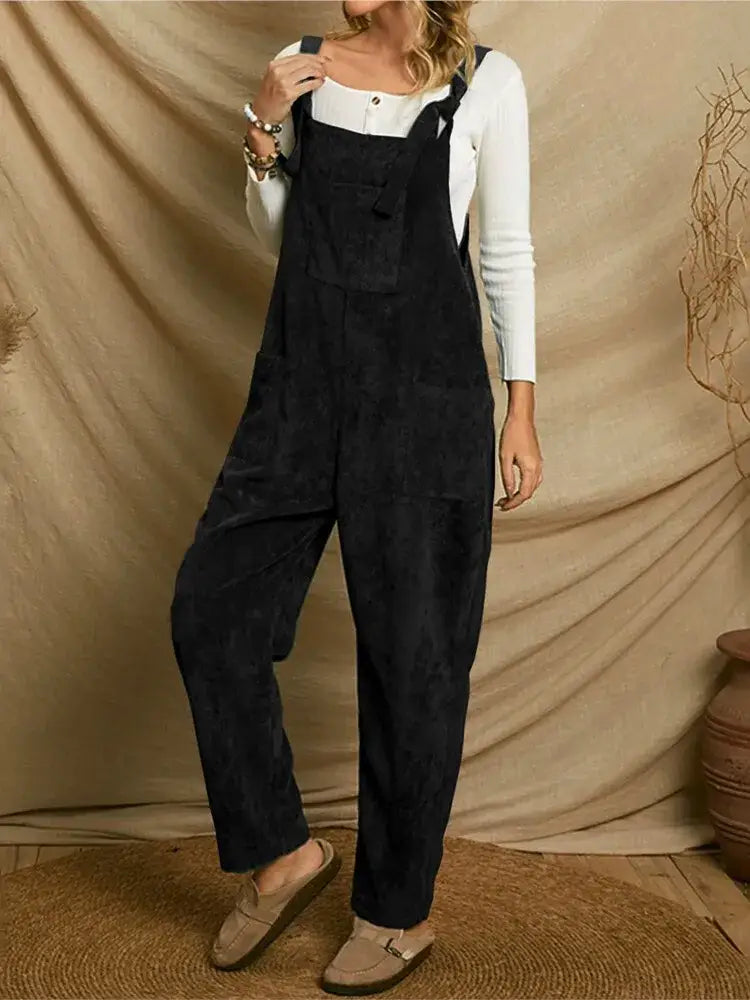 Salopette Noire Velours À Bretelles Nouées Femme