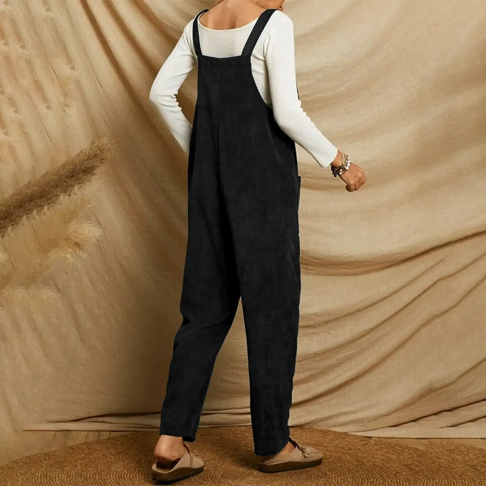 Salopette Noire Velours À Bretelles Nouées Femme