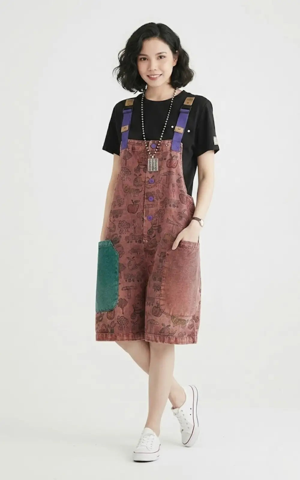 Salopette Short en Jean Femme Patchwork