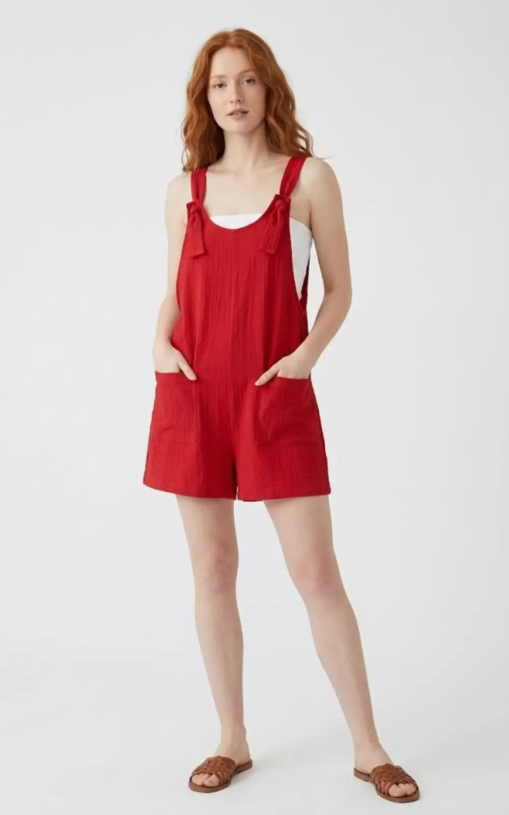 Salopette Short Femme à Bretelles Nouées Rouge