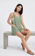 Salopette Short Femme à Bretelles Nouées Sauge