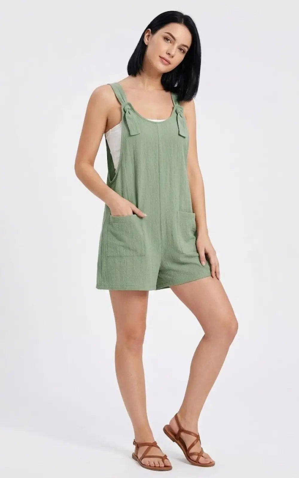 Salopette Short Femme à Bretelles Nouées Sauge