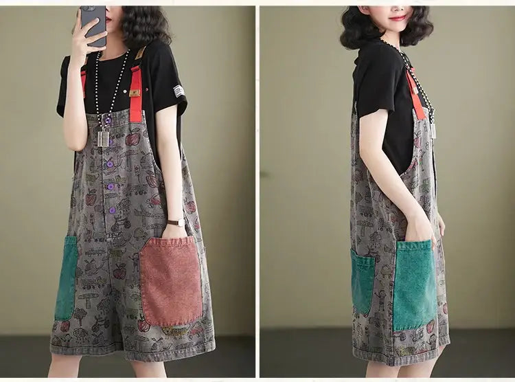 Salopette Short Patchwork Gris Femme