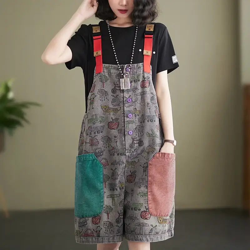 Salopette Short Patchwork Gris Femme